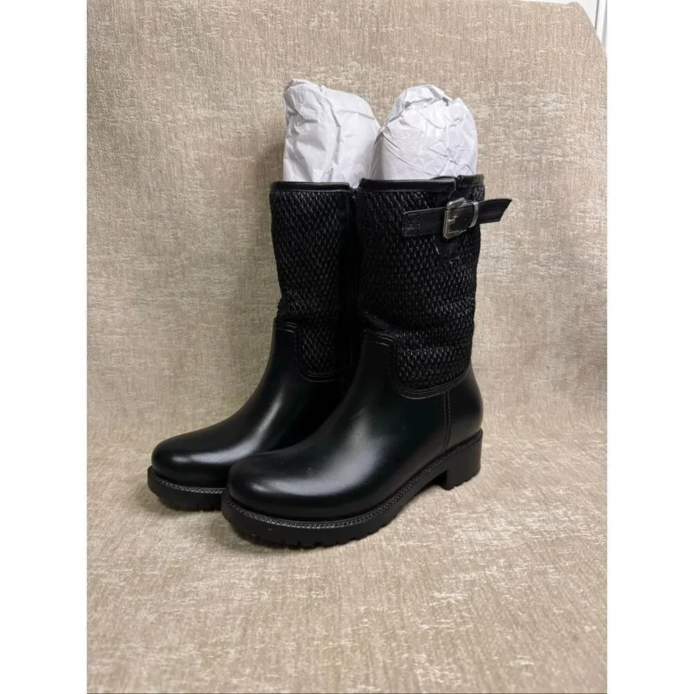 Dav Women's Side Zip Buckle Waterproof Mid-calf Rain Boots Black Size 6